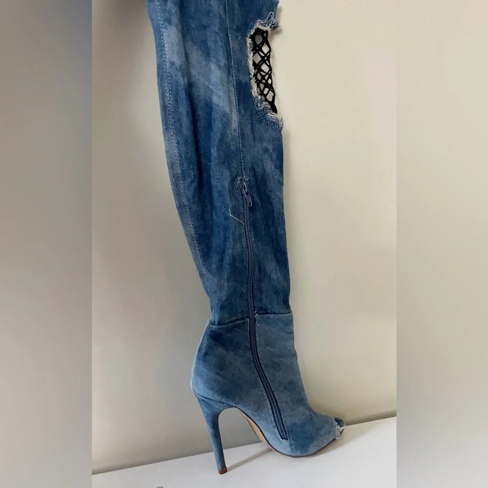 Blue Denim Knee High Peep Toe Boots Party Club Streetwear Festival